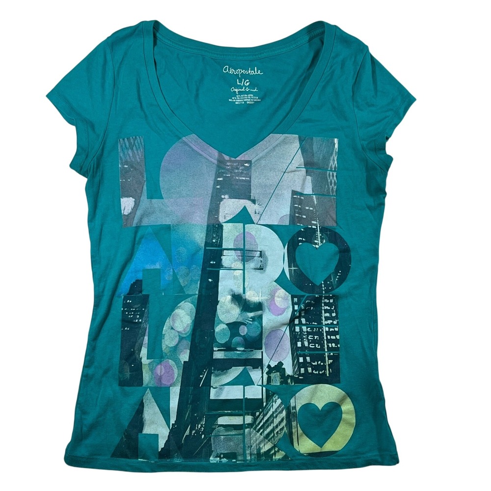 Aeropostale Graphic Tee Women Size L Teal Blue V-Neck‎ Y2K Indie Sleaze Heart